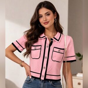On 12th Womens Pink Collared Top with Black Trim Size M